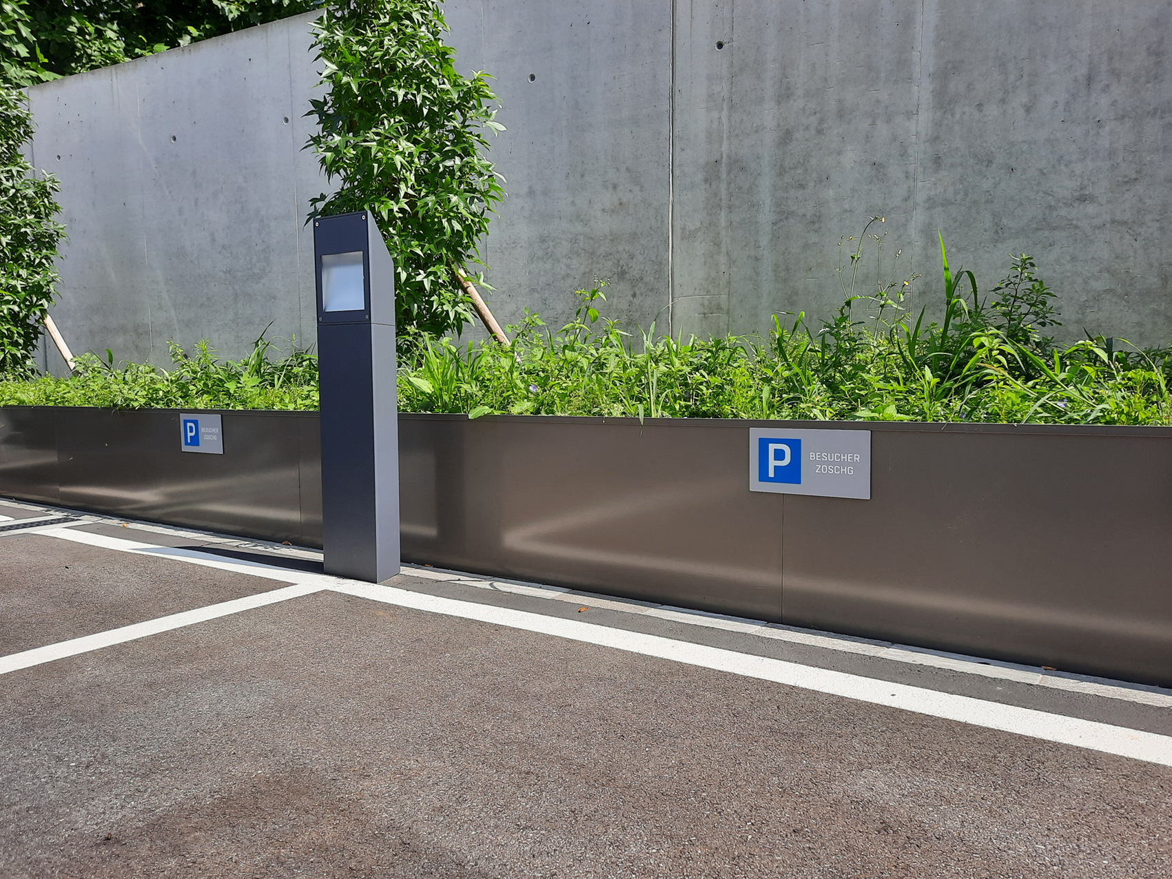 Parkplatzschild auf Blumenbeet geklebt